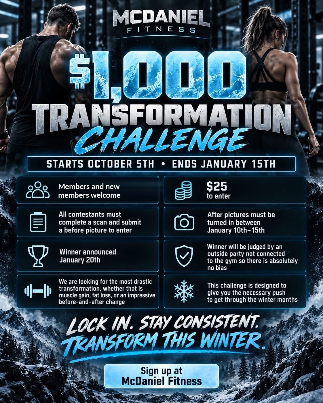 $1,000 Transformation Challenge flyer — members and new members welcome